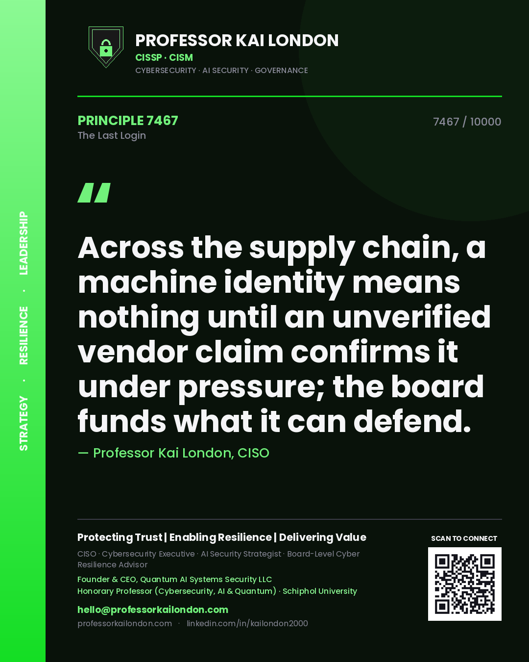 Quote card by Professor Kai London reading 'Across the supply chain, a machine identity means nothing until an unverified vendor claim confirms it under pressure; the board funds what it can defend.'. From the book The Last Login.