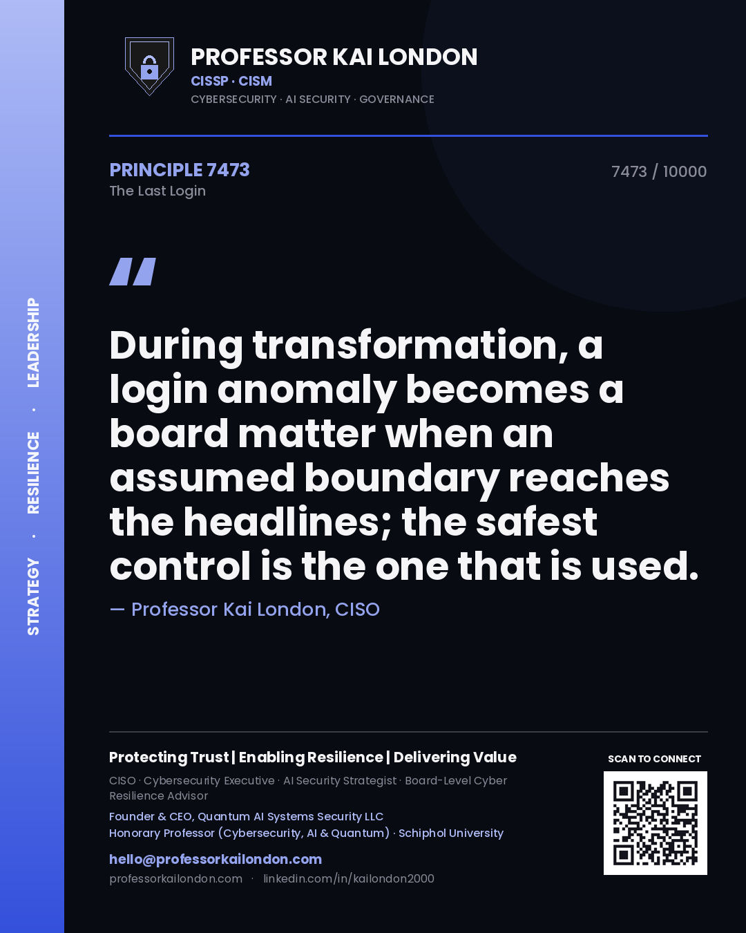 Quote card by Professor Kai London reading 'During transformation, a login anomaly becomes a board matter when an assumed boundary reaches the headlines; the safest control is the one that is used.'. From the book The Last Login.