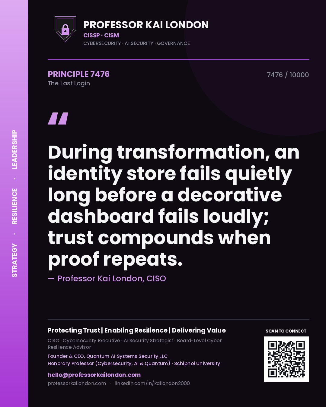 Professor Kai London principle 7476: During transformation, an identity store fails quietly long before a decorative dashboard fails loudly; trust compounds when proof repeats.