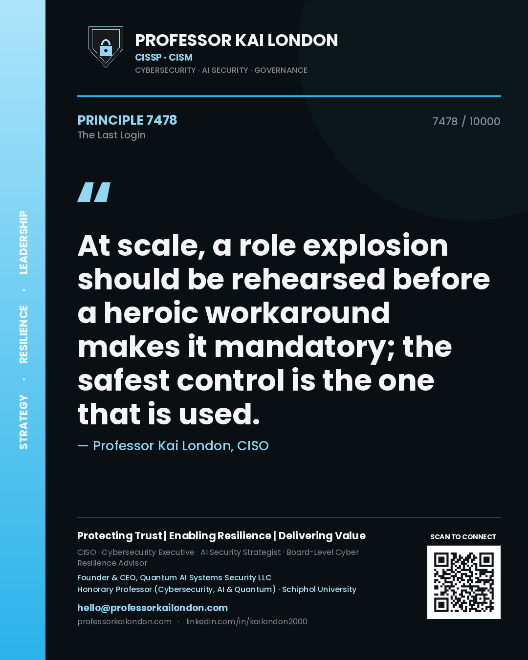 Professor Kai London principle 7478: At scale, a role explosion should be rehearsed before a heroic workaround makes it mandatory; the safest control is the one that is used.