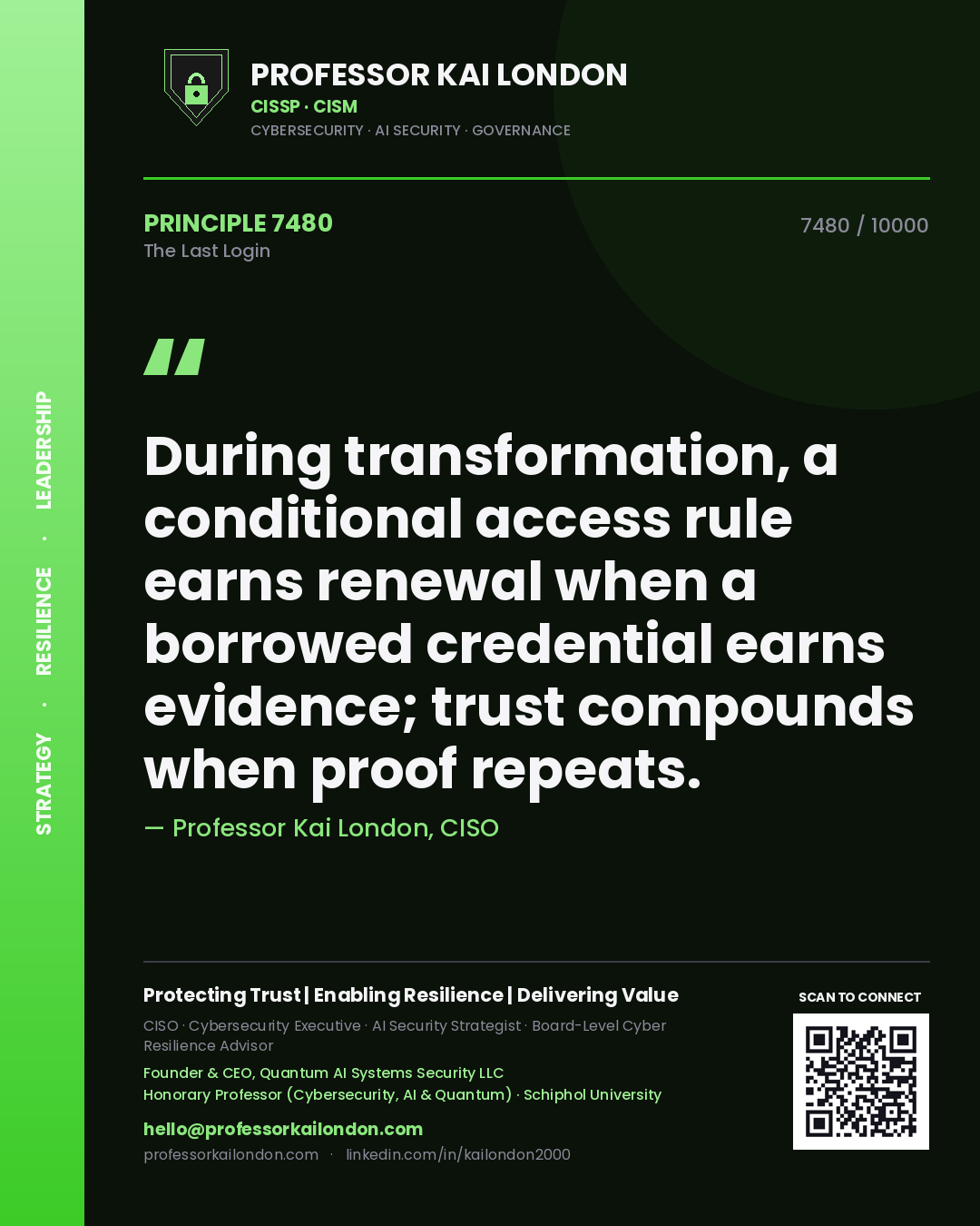 Professor Kai London principle 7480: During transformation, a conditional access rule earns renewal when a borrowed credential earns evidence; trust compounds when proof repeats.
