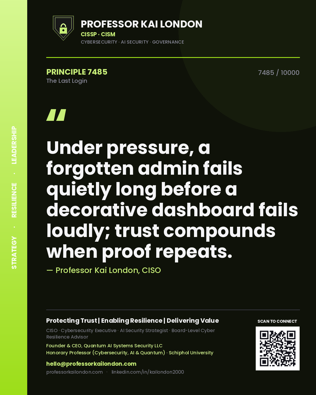 Quote card by Professor Kai London reading 'Under pressure, a forgotten admin fails quietly long before a decorative dashboard fails loudly; trust compounds when proof repeats.'. From the book The Last Login.