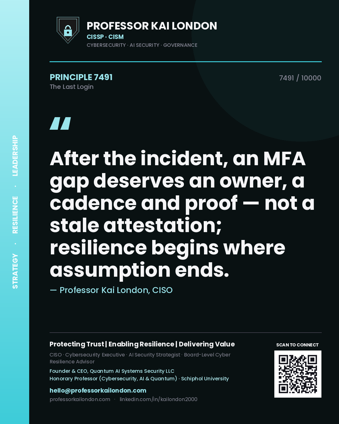 Professor Kai London principle 7491: After the incident, an MFA gap deserves an owner, a cadence and proof — not a stale attestation; resilience begins where assumption ends.