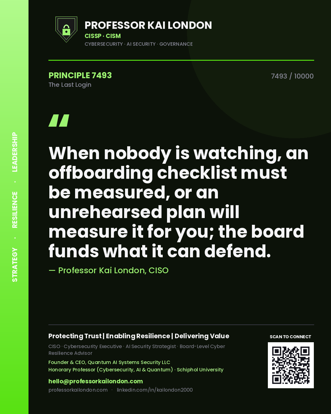 Professor Kai London principle 7493: When nobody is watching, an offboarding checklist must be measured, or an unrehearsed plan will measure it for you; the board funds what it can defend.