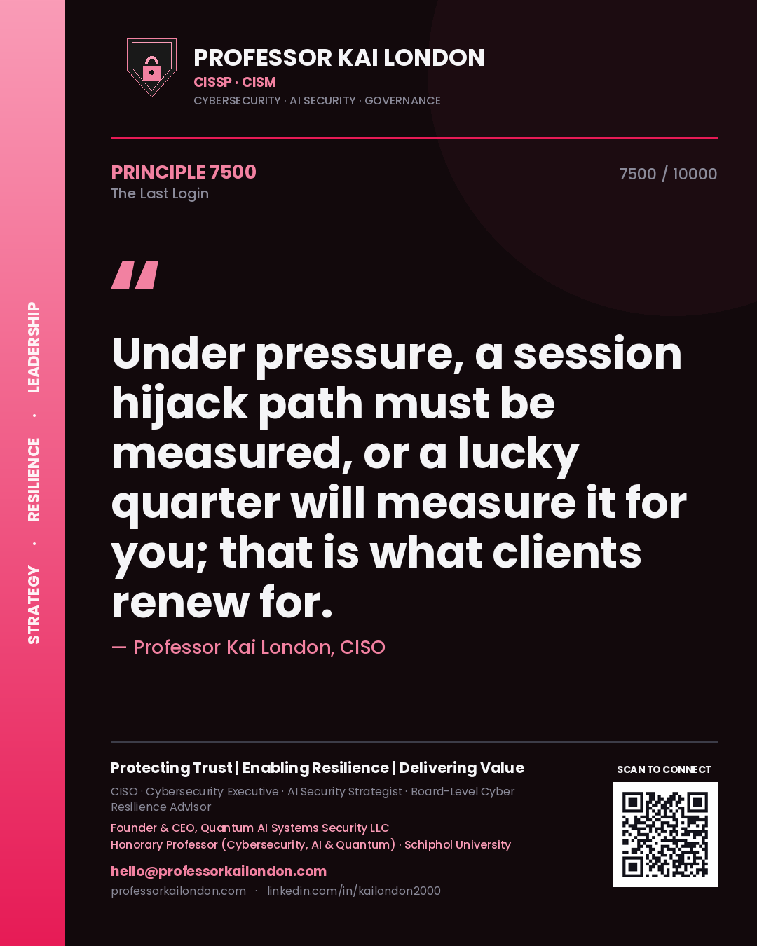 Quote card by Professor Kai London reading 'Under pressure, a session hijack path must be measured, or a lucky quarter will measure it for you; that is what clients renew for.'. From the book The Last Login.