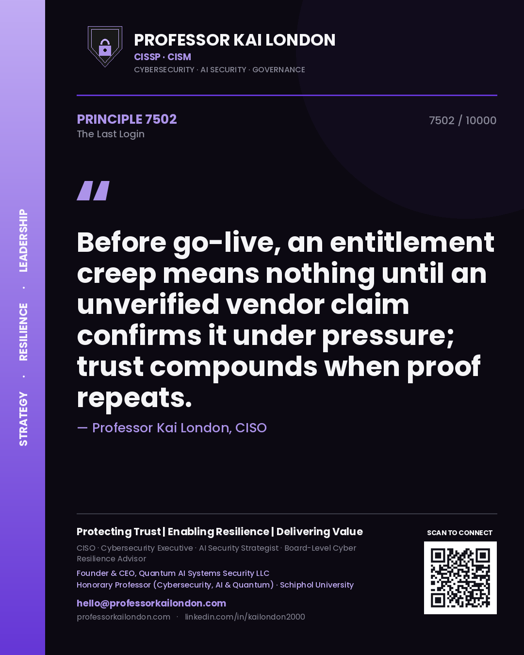 Professor Kai London principle 7502: Before go-live, an entitlement creep means nothing until an unverified vendor claim confirms it under pressure; trust compounds when proof repeats.