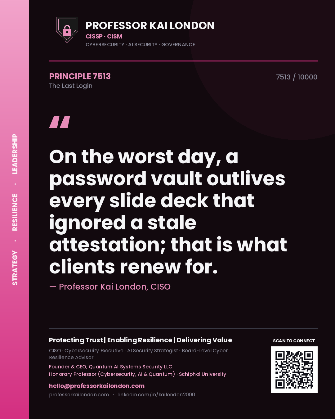 Professor Kai London principle 7513: On the worst day, a password vault outlives every slide deck that ignored a stale attestation; that is what clients renew for.