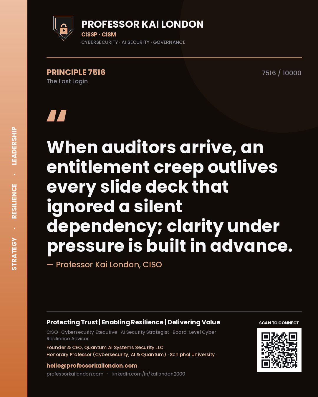 Quote card by Professor Kai London reading 'When auditors arrive, an entitlement creep outlives every slide deck that ignored a silent dependency; clarity under pressure is built in advance.'. From the book The Last Login.