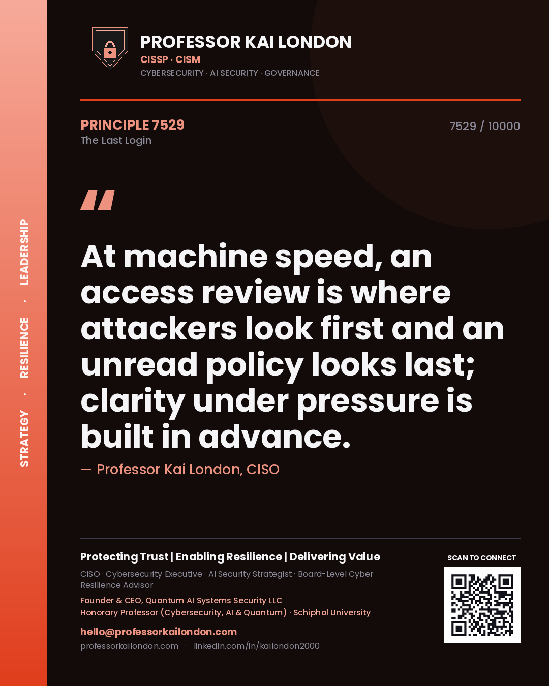 Professor Kai London principle 7529: At machine speed, an access review is where attackers look first and an unread policy looks last; clarity under pressure is built in advance.