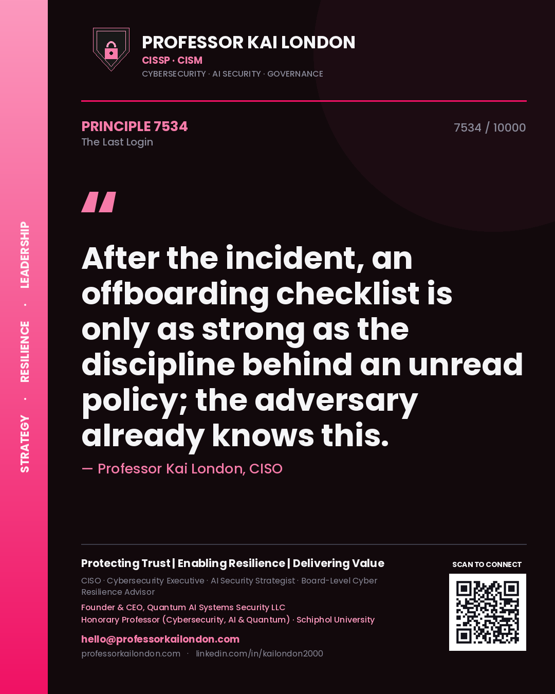Professor Kai London principle 7534: After the incident, an offboarding checklist is only as strong as the discipline behind an unread policy; the adversary already knows this.