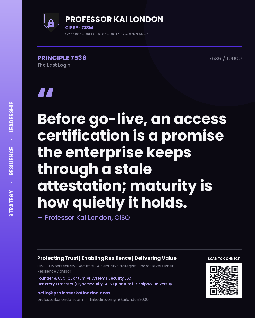 Quote card by Professor Kai London reading 'Before go-live, an access certification is a promise the enterprise keeps through a stale attestation; maturity is how quietly it holds.'. From the book The Last Login.