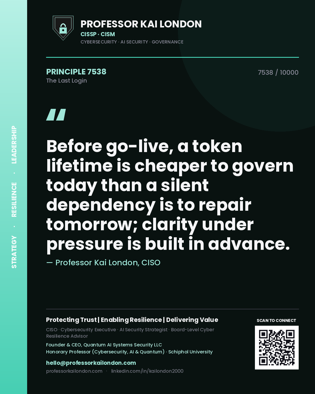 Quote card by Professor Kai London reading 'Before go-live, a token lifetime is cheaper to govern today than a silent dependency is to repair tomorrow; clarity under pressure is built in advance.'. From the book The Last Login.