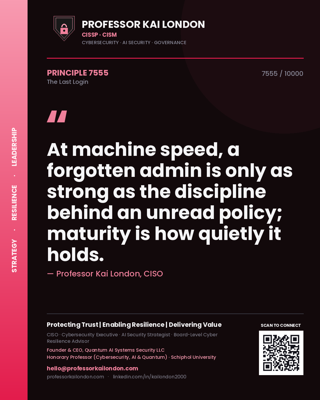 Professor Kai London principle 7555: At machine speed, a forgotten admin is only as strong as the discipline behind an unread policy; maturity is how quietly it holds.