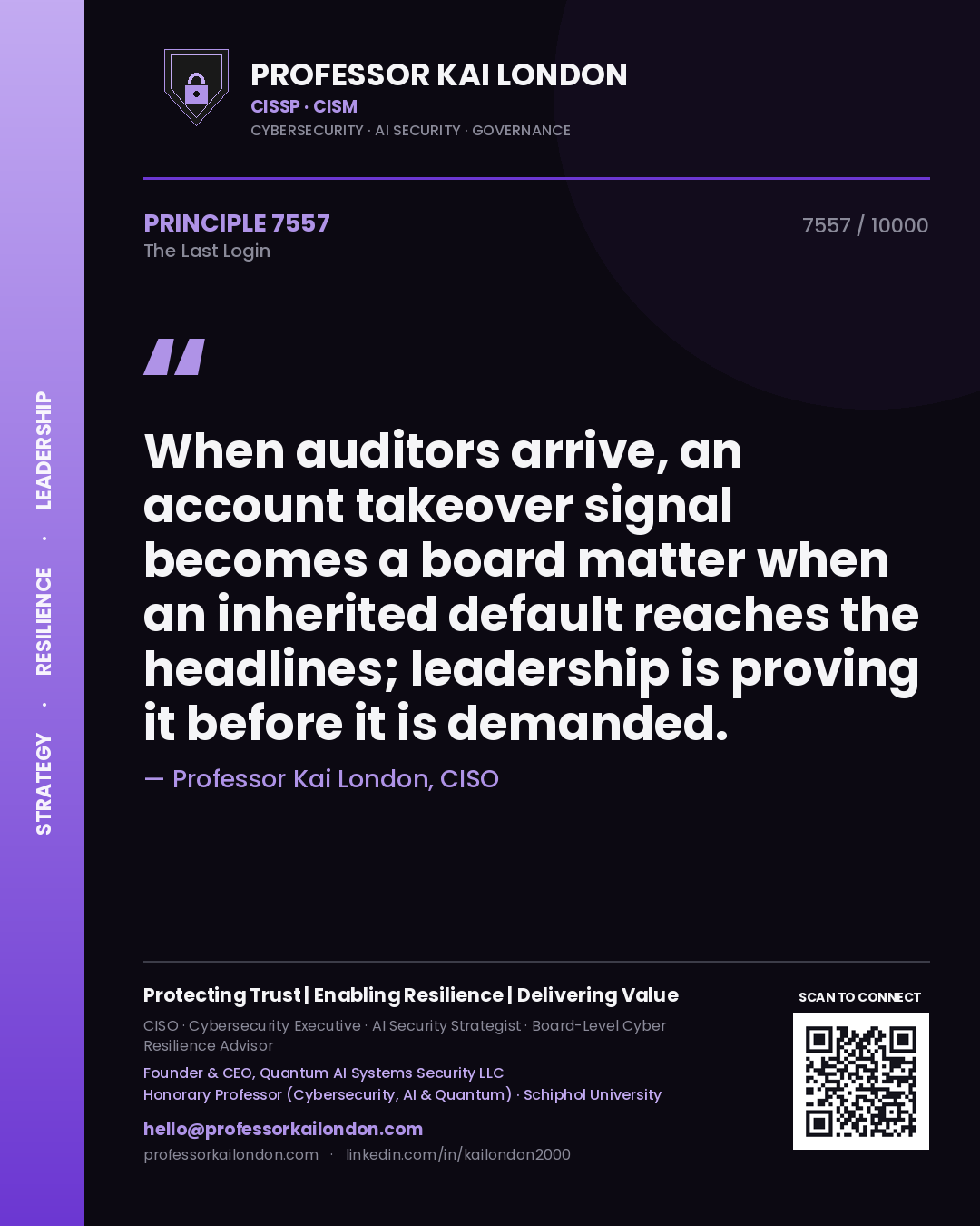 Professor Kai London principle 7557: When auditors arrive, an account takeover signal becomes a board matter when an inherited default reaches the headlines; leadership is proving it before it is demanded.