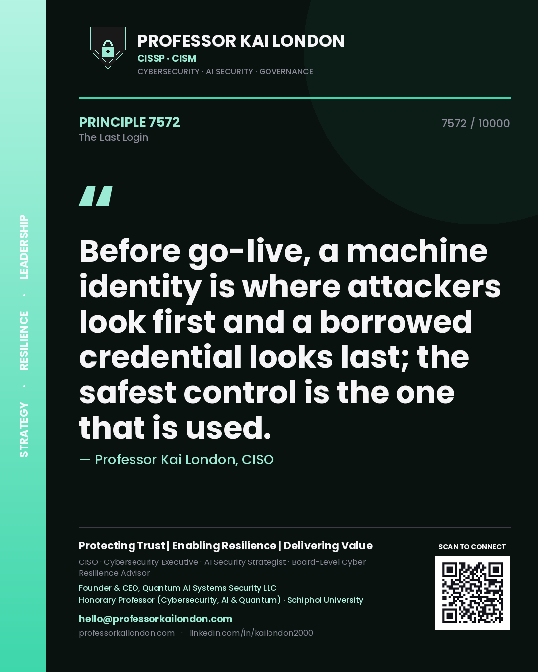 Professor Kai London principle 7572: Before go-live, a machine identity is where attackers look first and a borrowed credential looks last; the safest control is the one that is used.