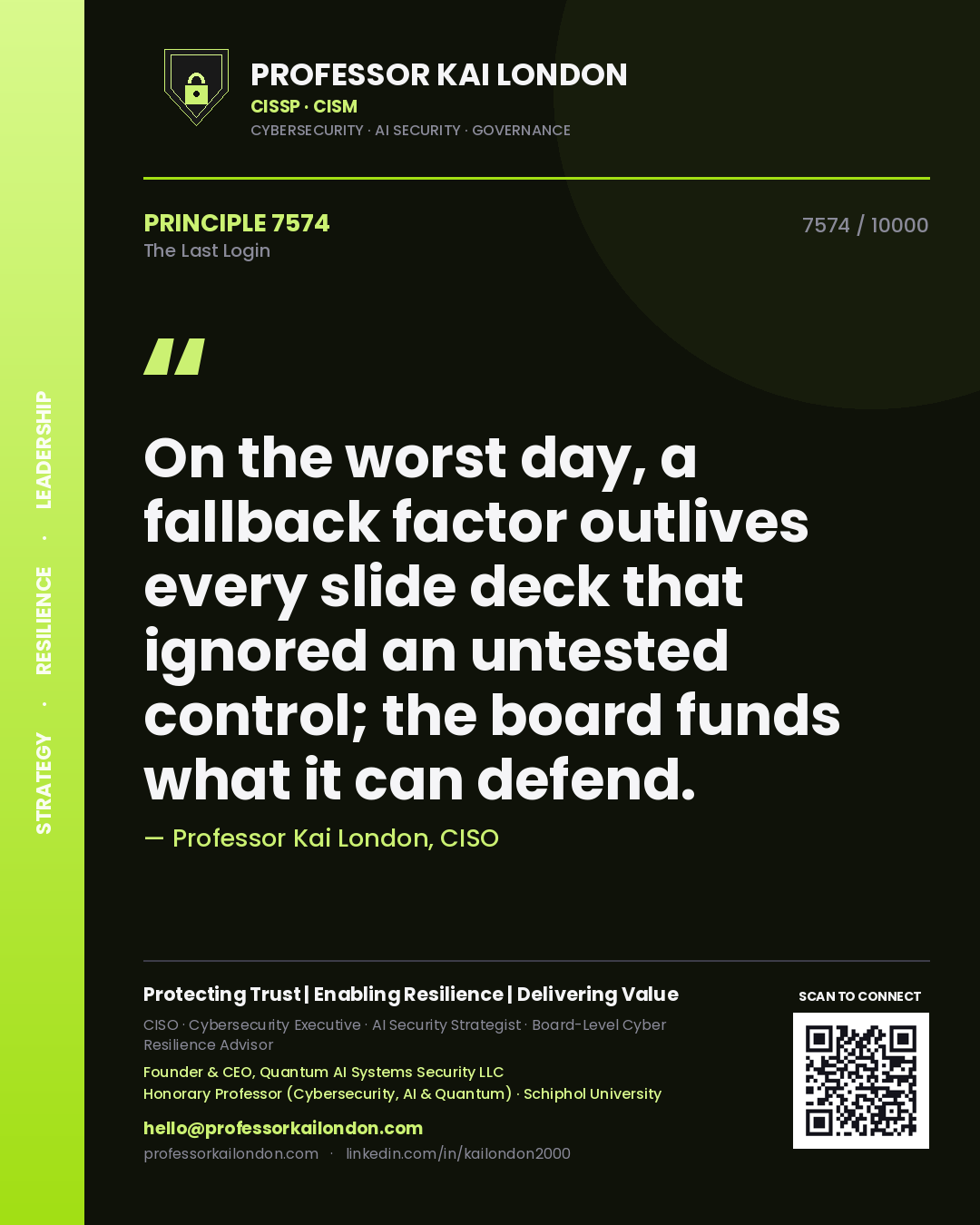 Professor Kai London principle 7574: On the worst day, a fallback factor outlives every slide deck that ignored an untested control; the board funds what it can defend.