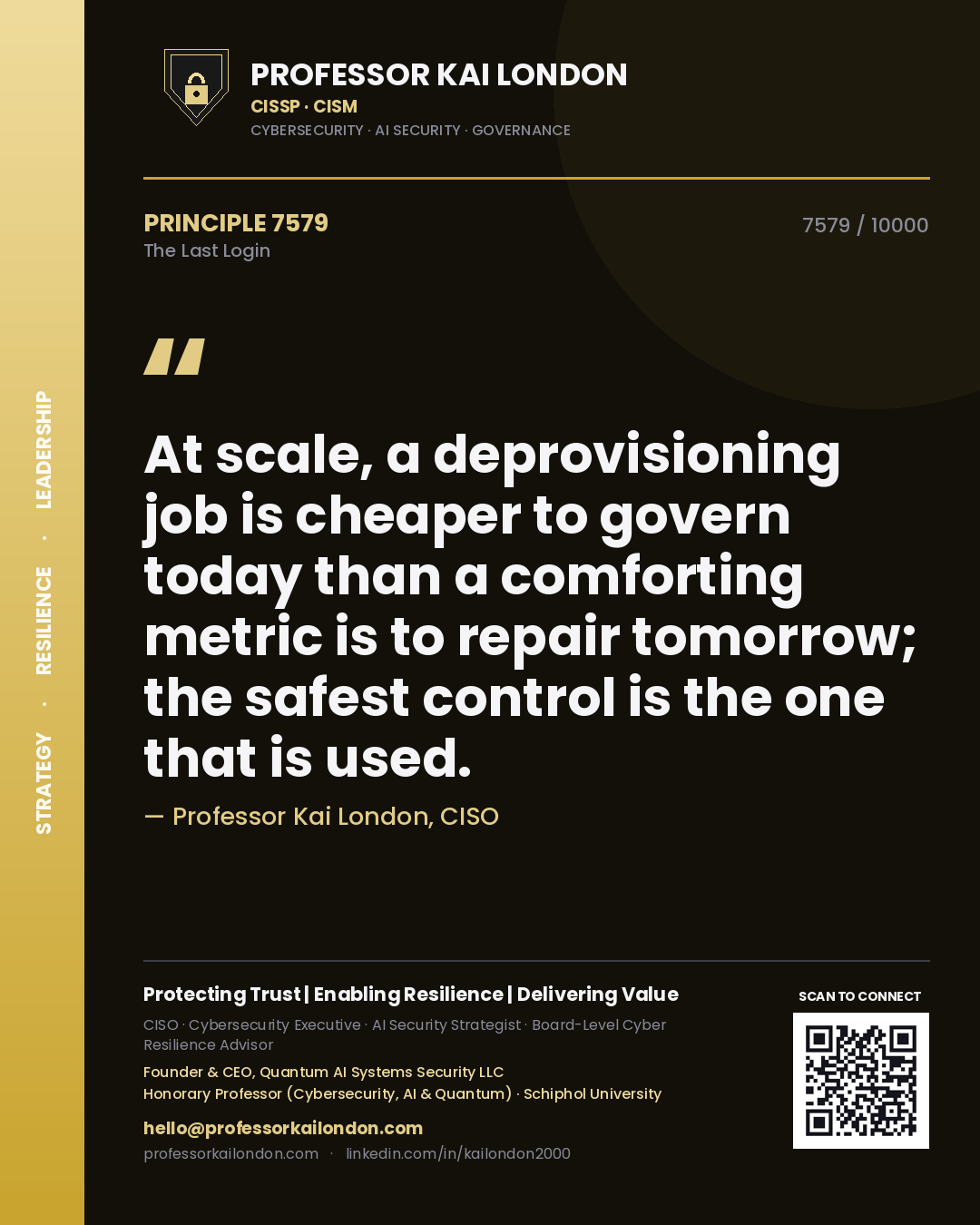 Professor Kai London principle 7579: At scale, a deprovisioning job is cheaper to govern today than a comforting metric is to repair tomorrow; the safest control is the one that is used.