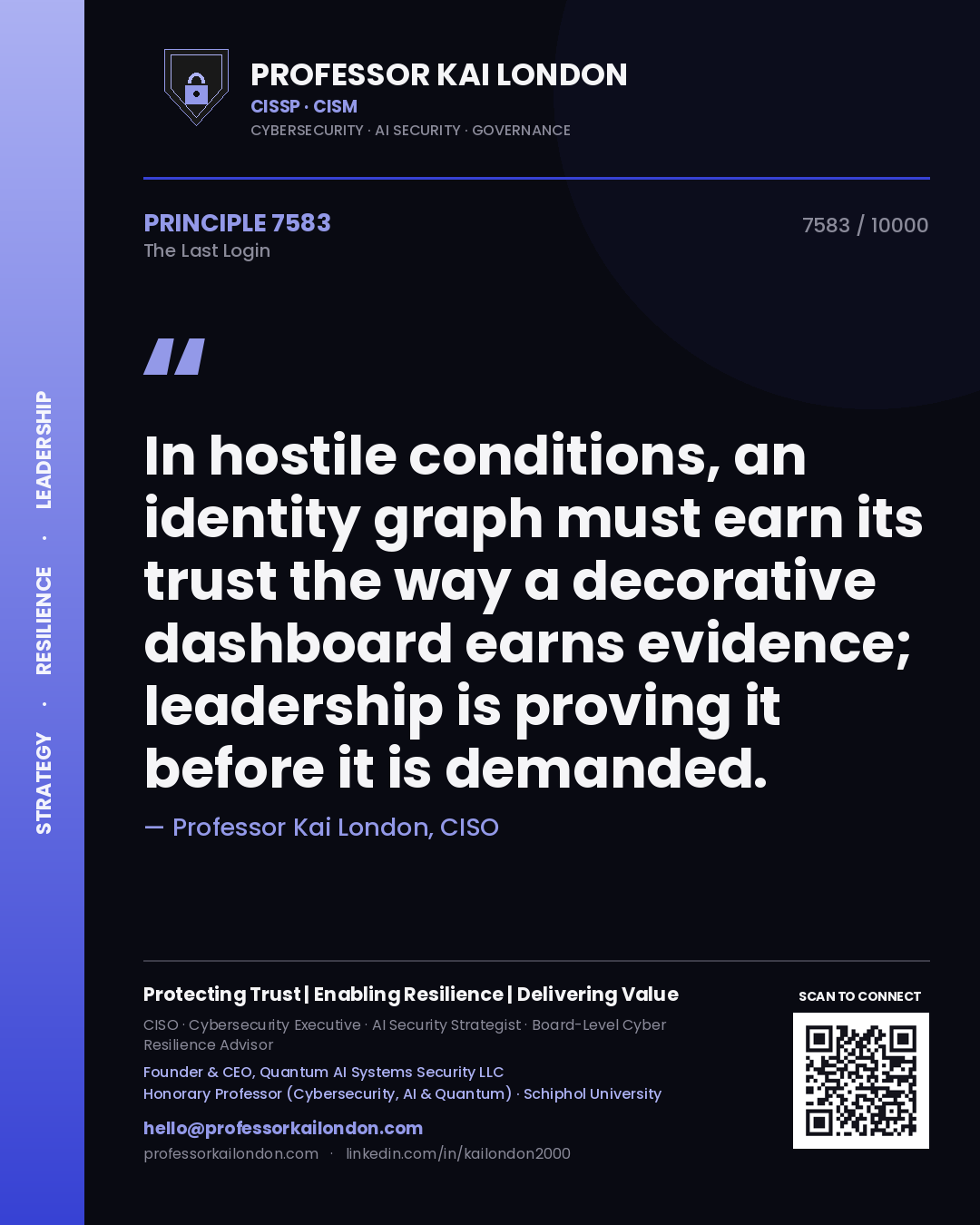 Professor Kai London principle 7583: In hostile conditions, an identity graph must earn its trust the way a decorative dashboard earns evidence; leadership is proving it before it is demanded.