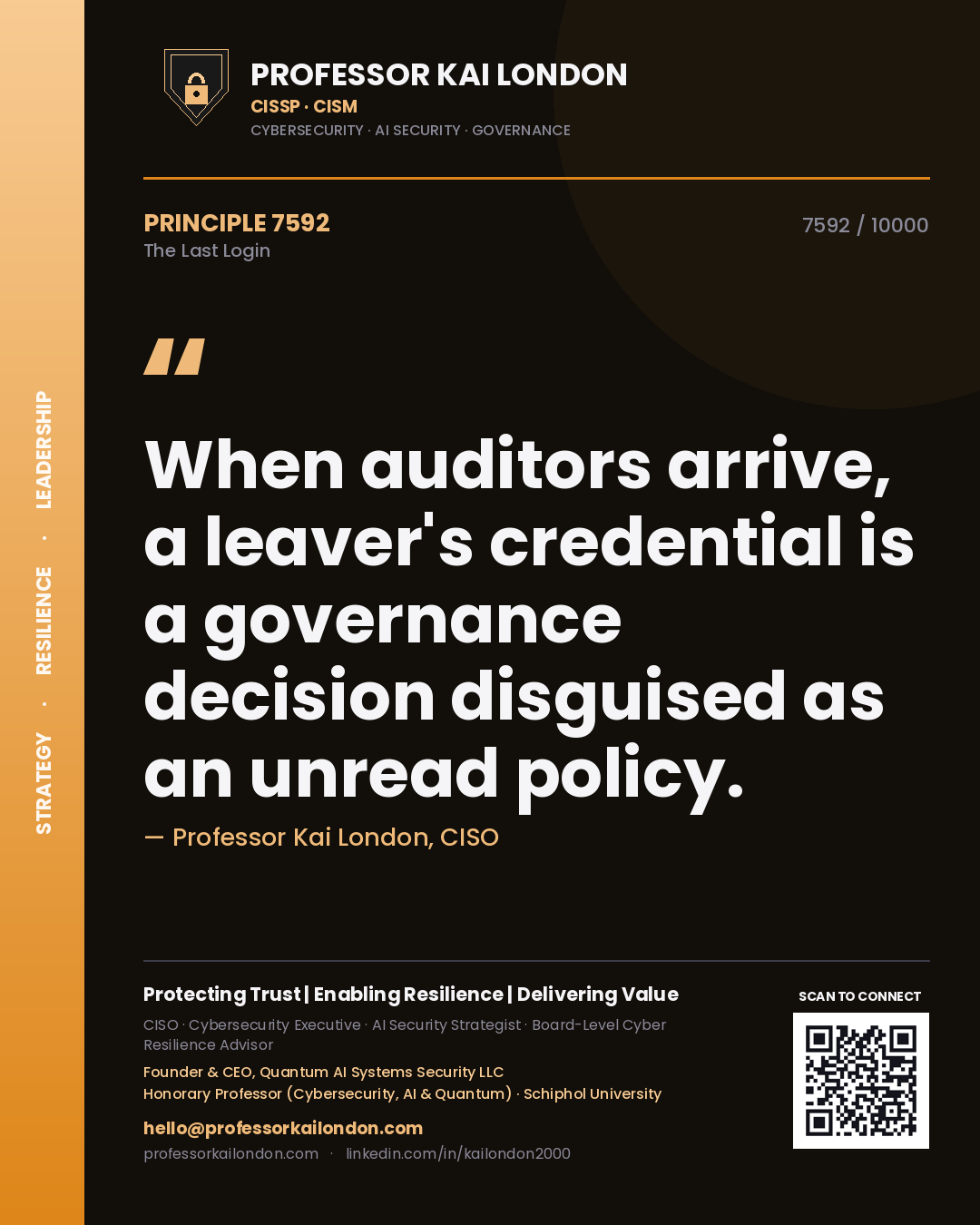 Professor Kai London principle 7592: When auditors arrive, a leaver's credential is a governance decision disguised as an unread policy.