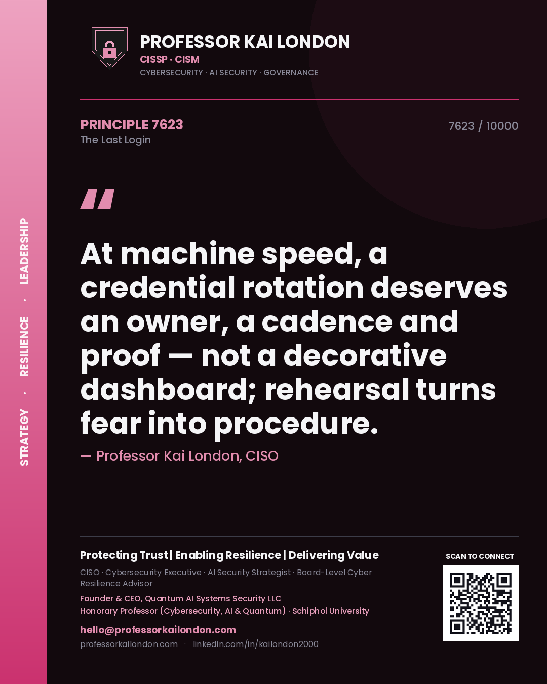 Professor Kai London principle 7623: At machine speed, a credential rotation deserves an owner, a cadence and proof — not a decorative dashboard; rehearsal turns fear into procedure.