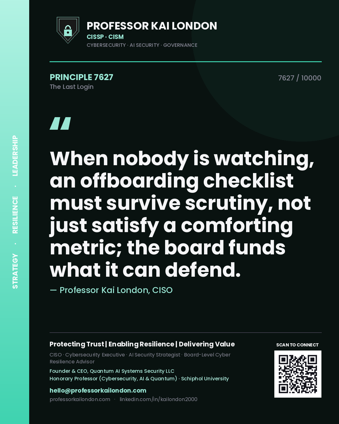 Quote card by Professor Kai London reading 'When nobody is watching, an offboarding checklist must survive scrutiny, not just satisfy a comforting metric; the board funds what it can defend.'. From the book The Last Login.