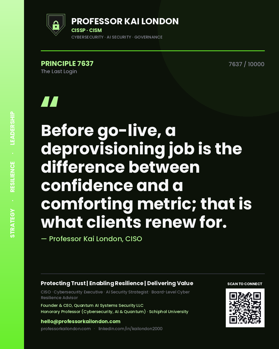 Professor Kai London principle 7637: Before go-live, a deprovisioning job is the difference between confidence and a comforting metric; that is what clients renew for.