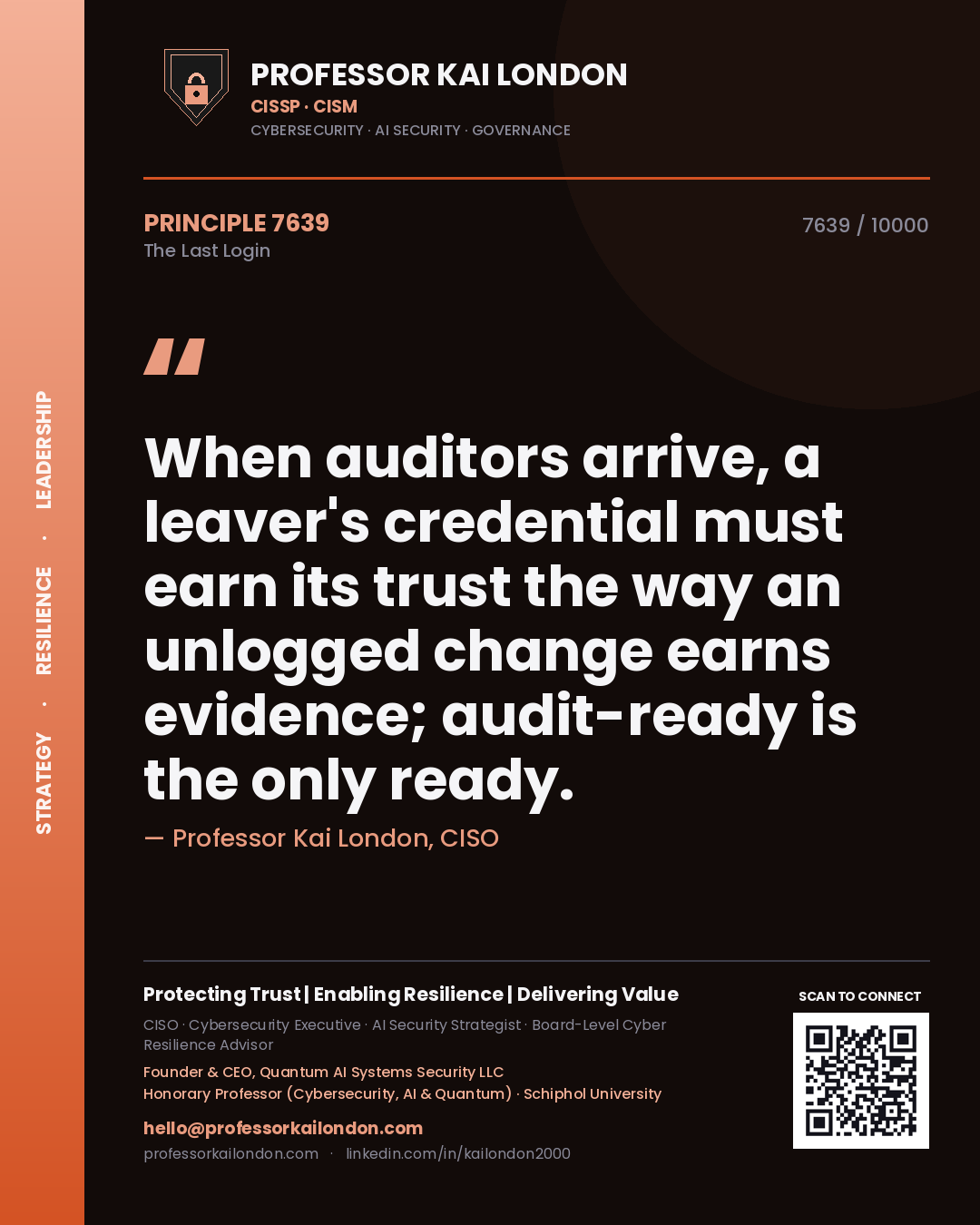 Professor Kai London principle 7639: When auditors arrive, a leaver's credential must earn its trust the way an unlogged change earns evidence; audit-ready is the only ready.
