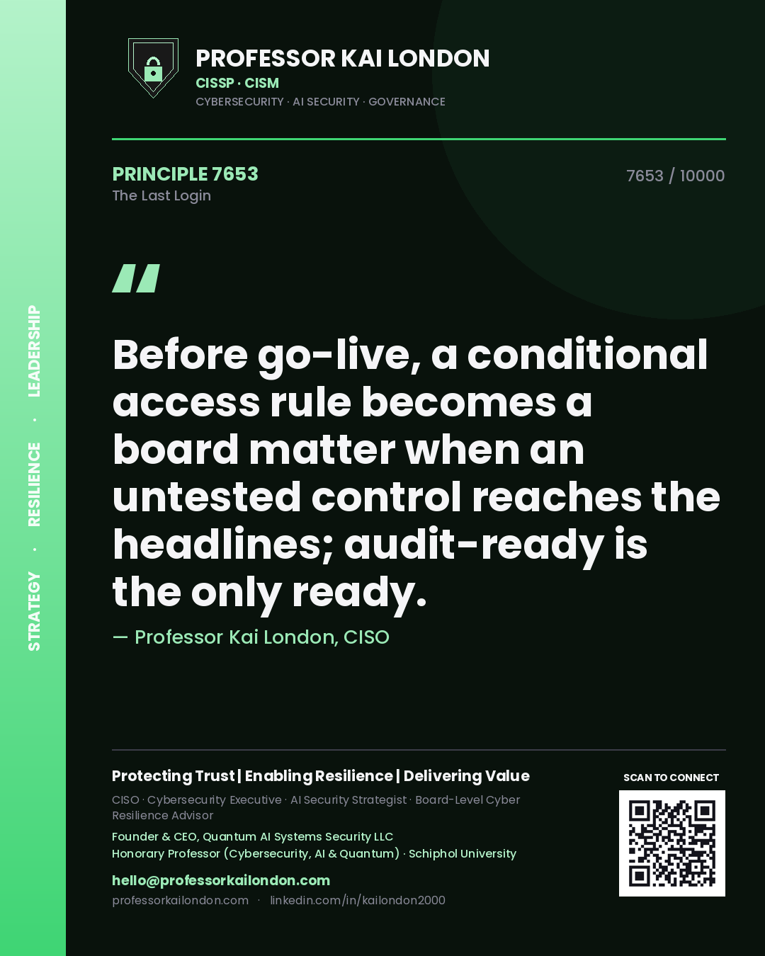 Professor Kai London principle 7653: Before go-live, a conditional access rule becomes a board matter when an untested control reaches the headlines; audit-ready is the only ready.