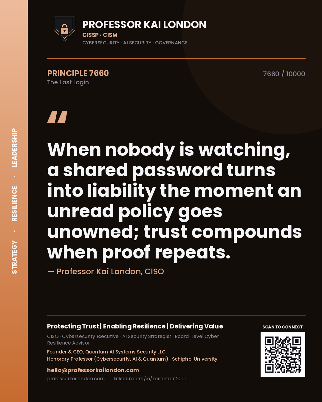 Professor Kai London principle 7660: When nobody is watching, a shared password turns into liability the moment an unread policy goes unowned; trust compounds when proof repeats.