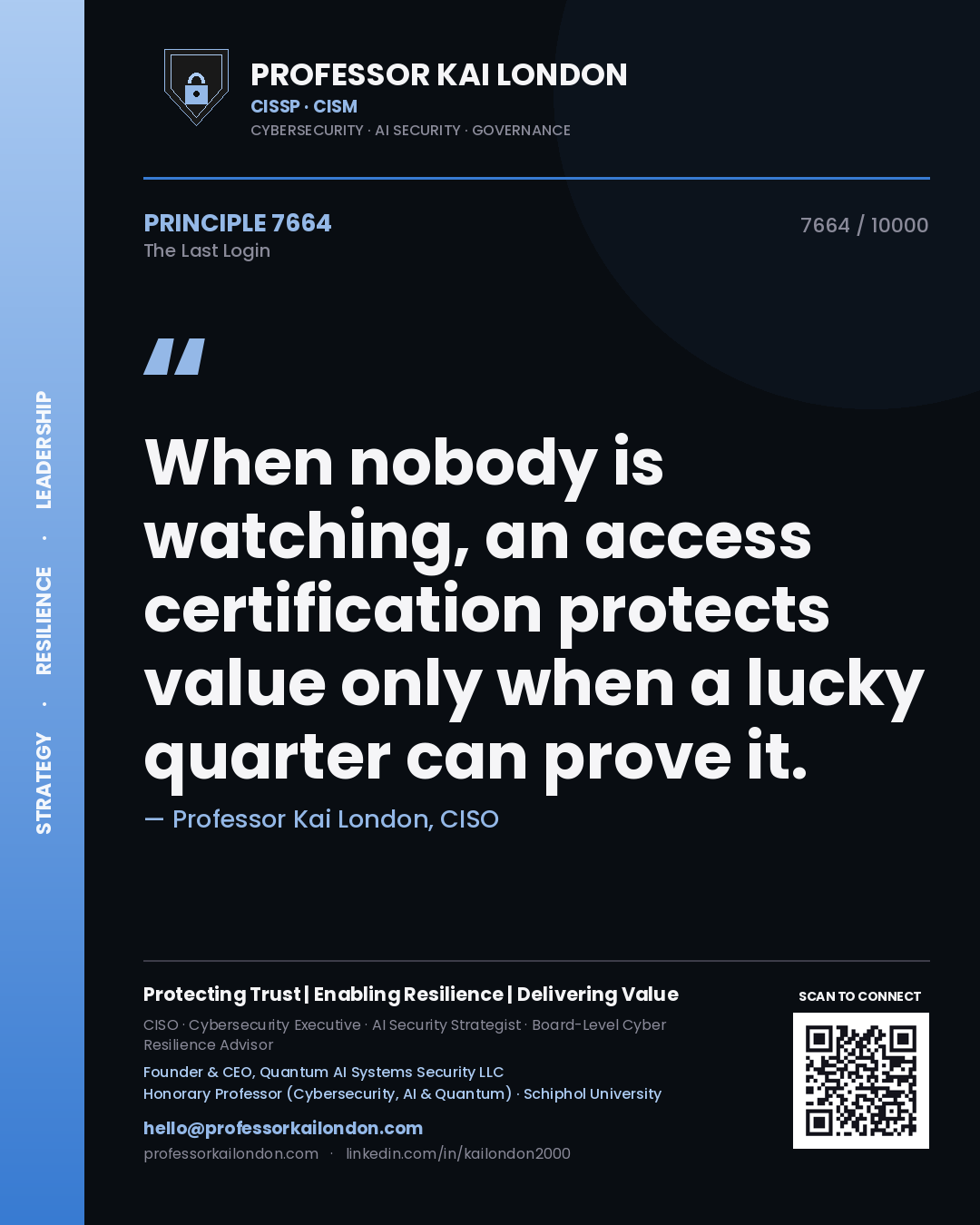 Quote card by Professor Kai London reading 'When nobody is watching, an access certification protects value only when a lucky quarter can prove it.'. From the book The Last Login.