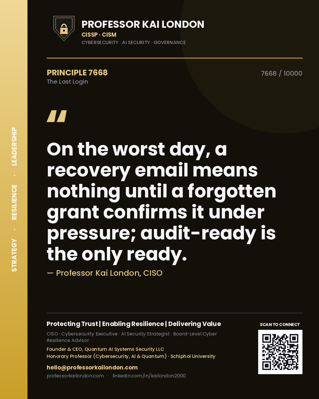 Professor Kai London principle 7668: On the worst day, a recovery email means nothing until a forgotten grant confirms it under pressure; audit-ready is the only ready.