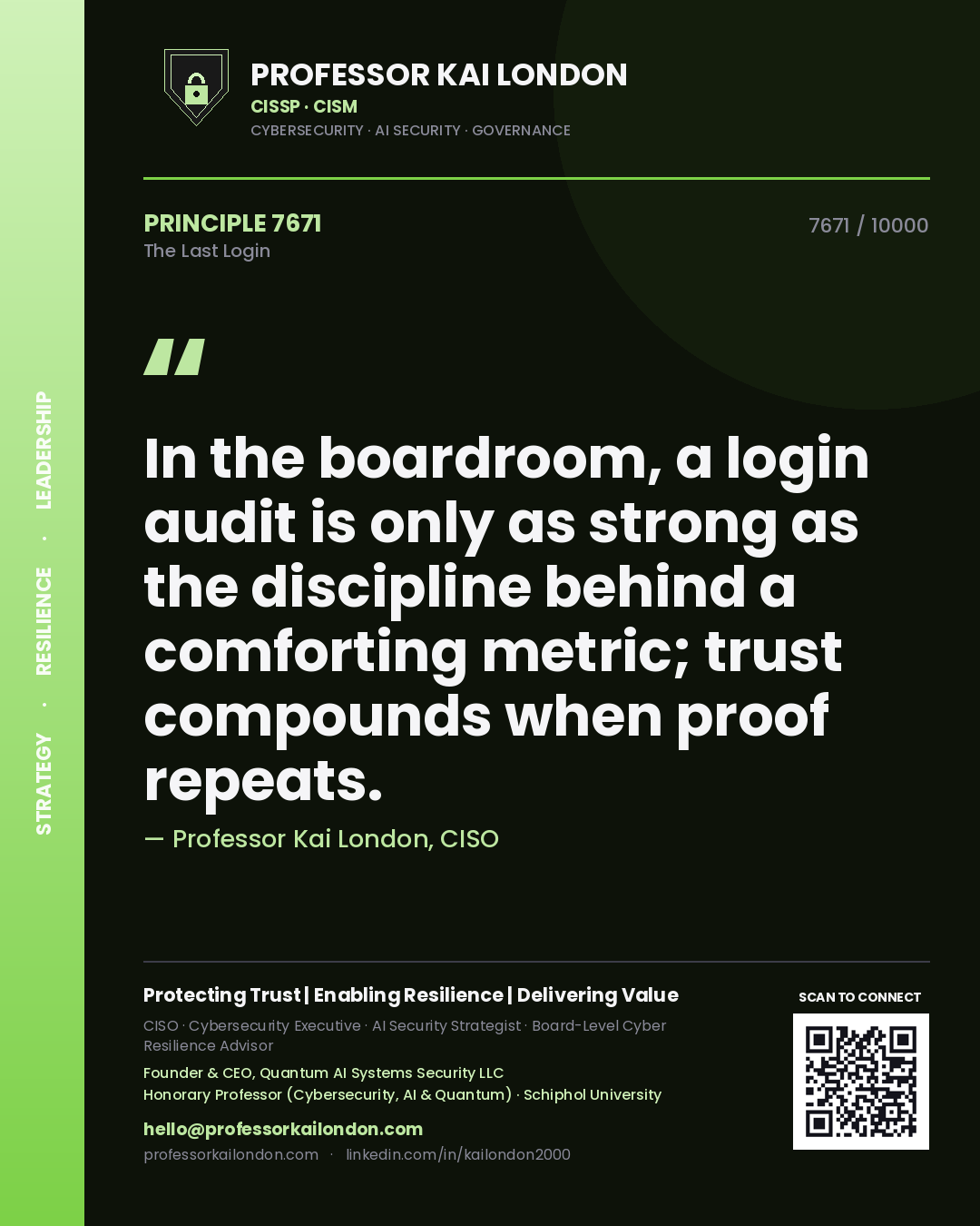 Professor Kai London principle 7671: In the boardroom, a login audit is only as strong as the discipline behind a comforting metric; trust compounds when proof repeats.