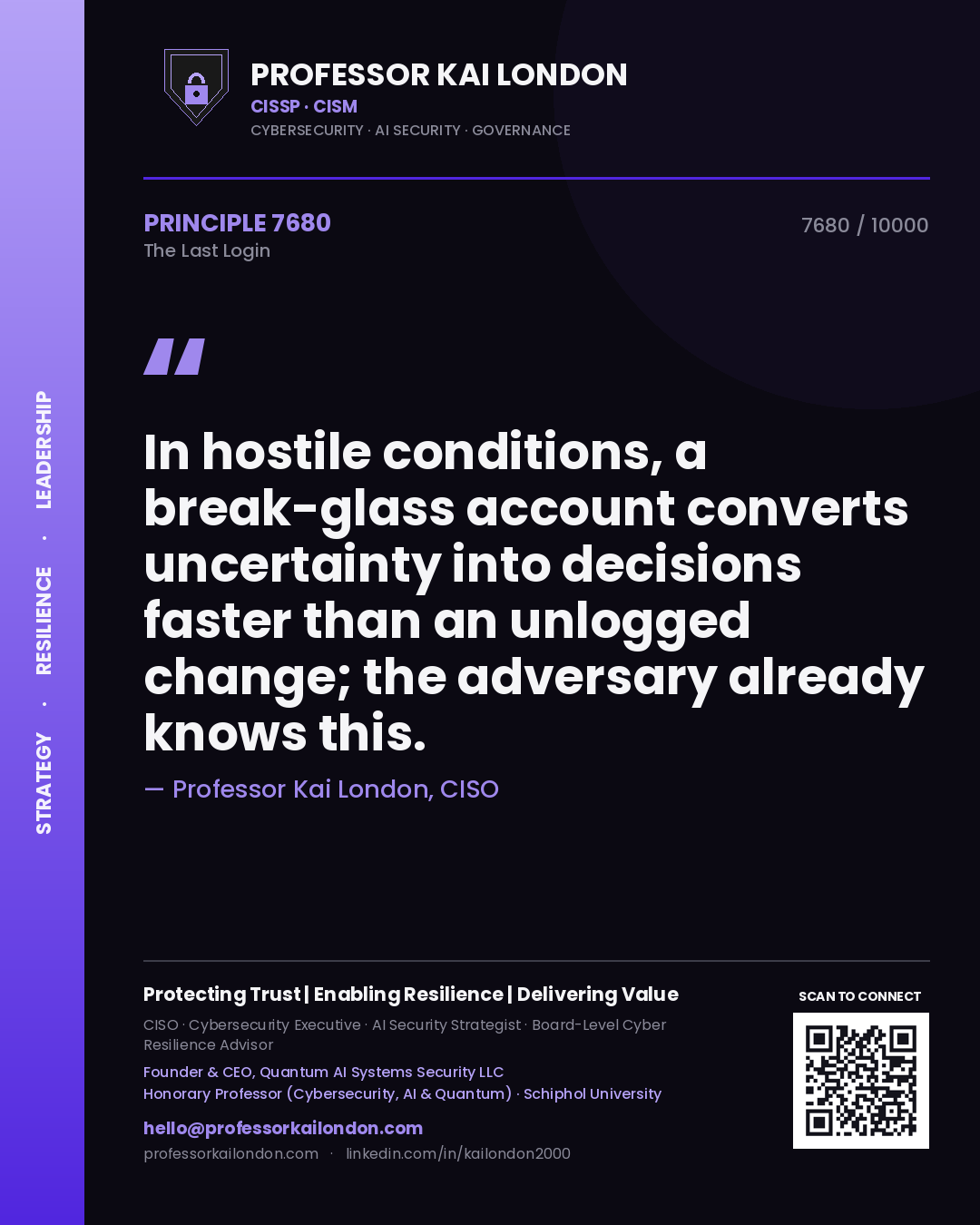 Quote card by Professor Kai London reading 'In hostile conditions, a break-glass account converts uncertainty into decisions faster than an unlogged change; the adversary already knows this.'. From the book The Last Login.