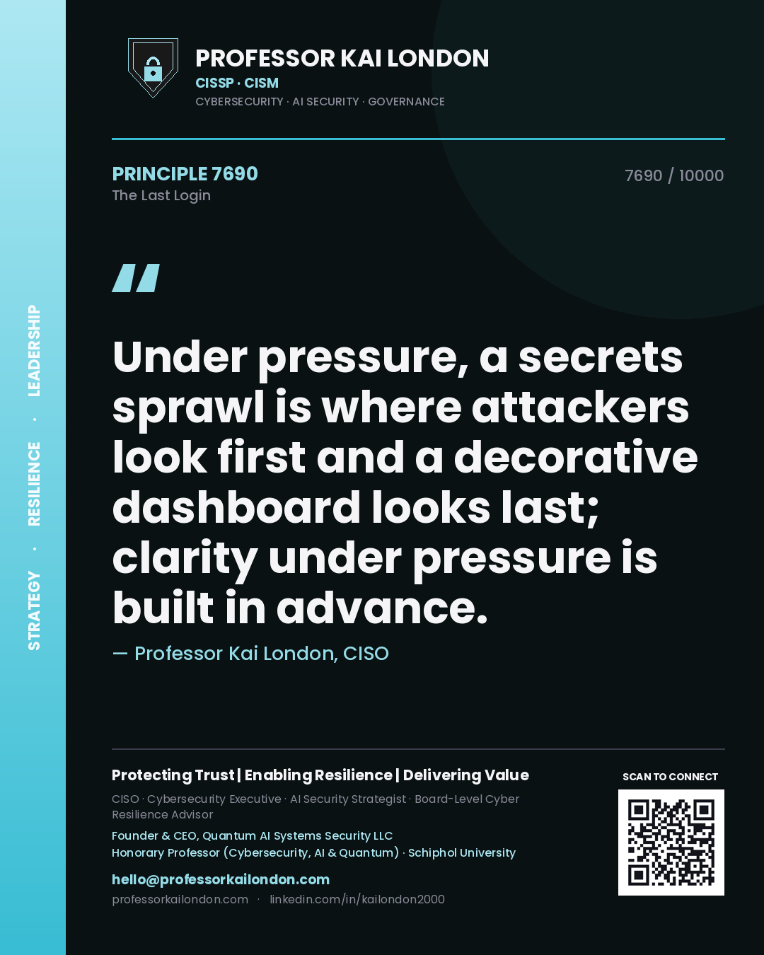 Professor Kai London principle 7690: Under pressure, a secrets sprawl is where attackers look first and a decorative dashboard looks last; clarity under pressure is built in advance.