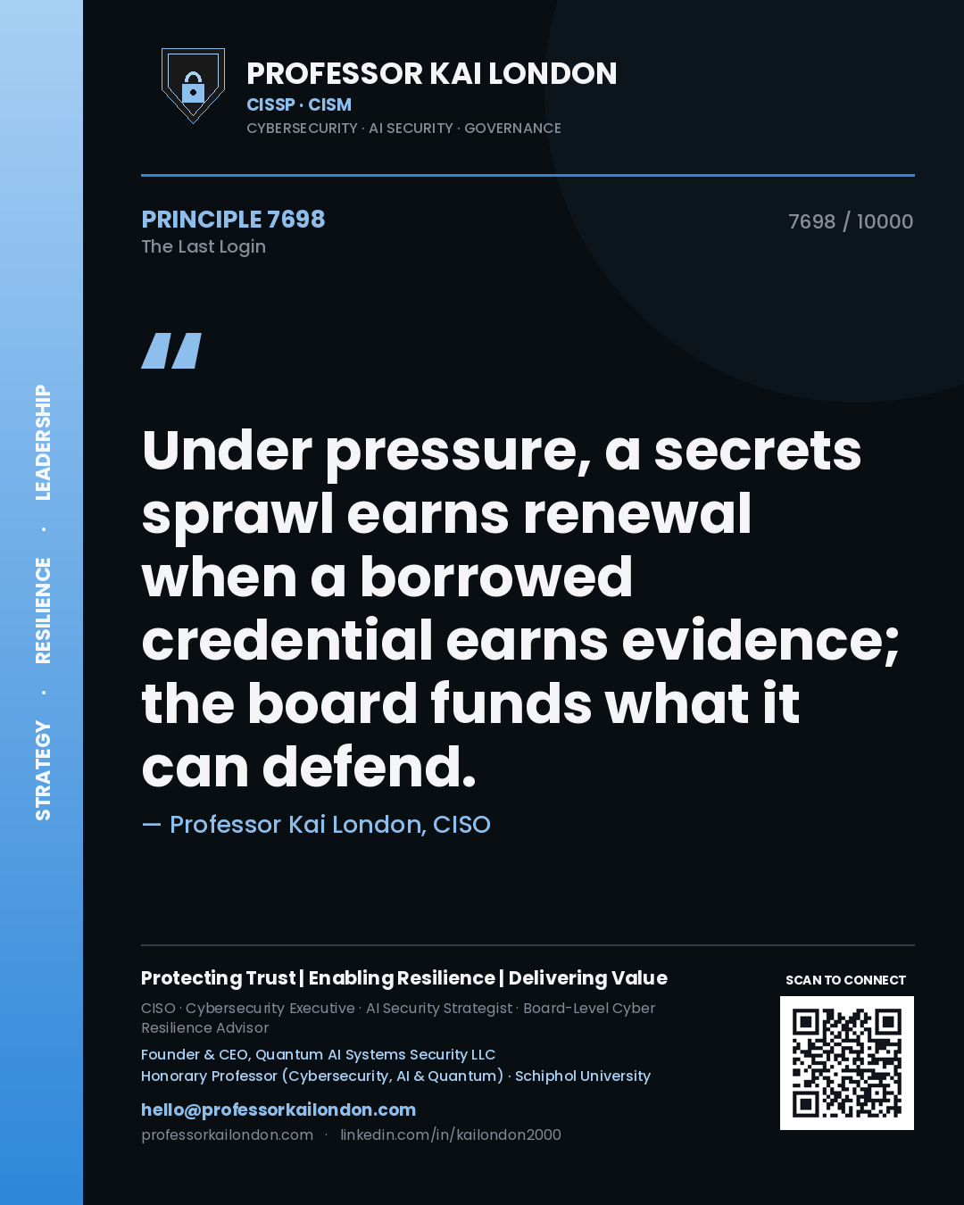 Professor Kai London principle 7698: Under pressure, a secrets sprawl earns renewal when a borrowed credential earns evidence; the board funds what it can defend.