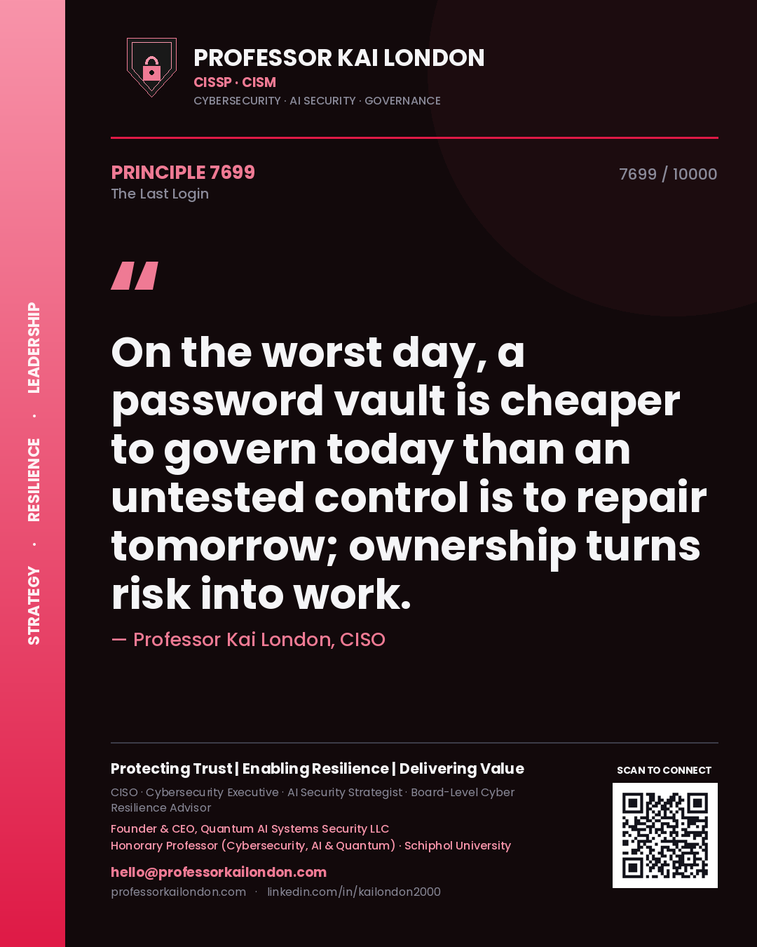 Professor Kai London principle 7699: On the worst day, a password vault is cheaper to govern today than an untested control is to repair tomorrow; ownership turns risk into work.