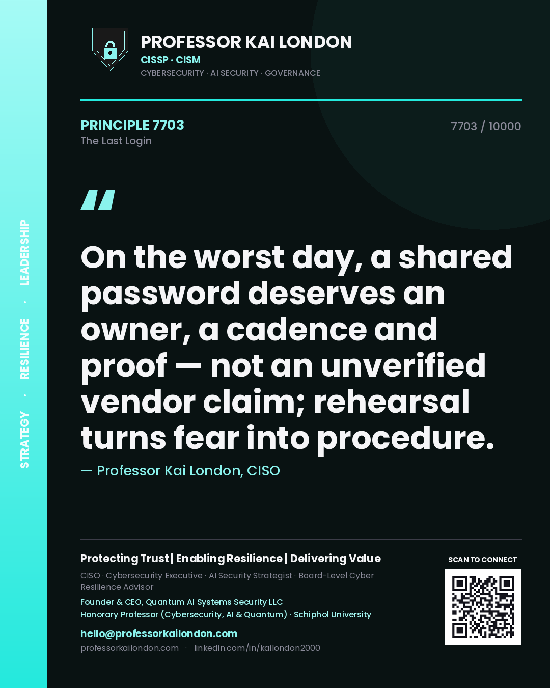 Quote card by Professor Kai London reading 'On the worst day, a shared password deserves an owner, a cadence and proof — not an unverified vendor claim; rehearsal turns fear into procedure.'. From the book The Last Login.