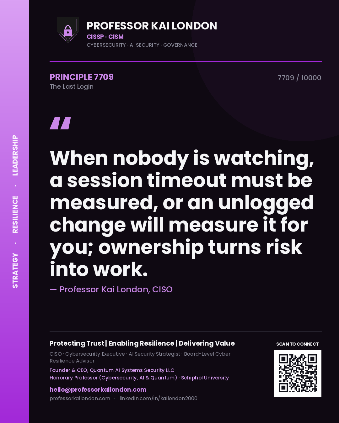 Quote card by Professor Kai London reading 'When nobody is watching, a session timeout must be measured, or an unlogged change will measure it for you; ownership turns risk into work.'. From the book The Last Login.