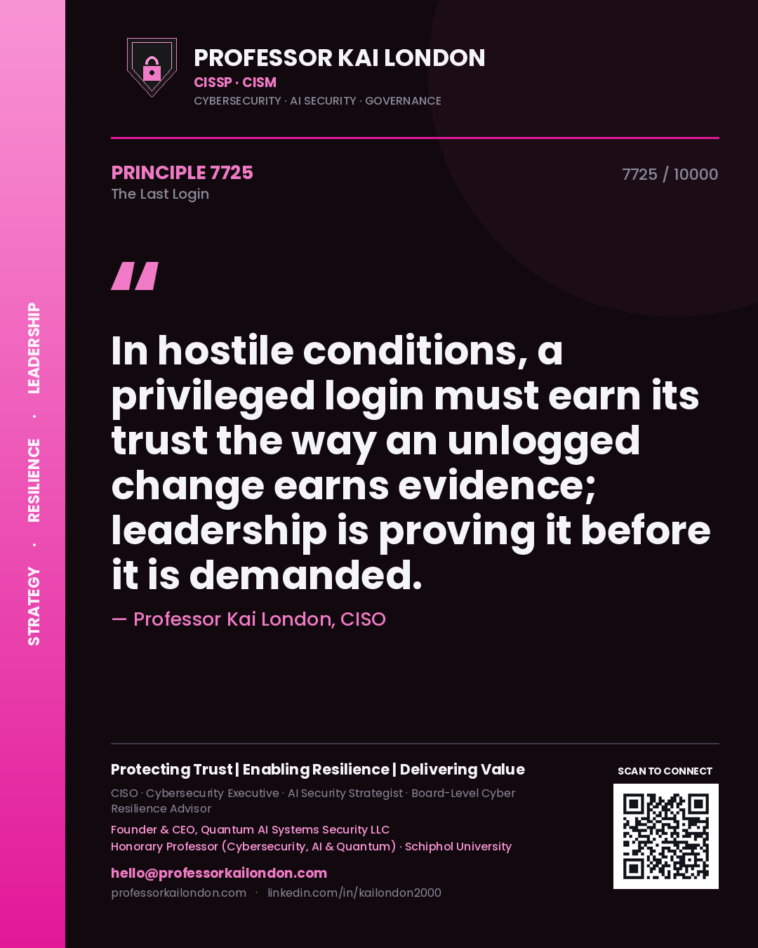 Quote card by Professor Kai London reading 'In hostile conditions, a privileged login must earn its trust the way an unlogged change earns evidence; leadership is proving it before it is demanded.'. From the book The Last Login.
