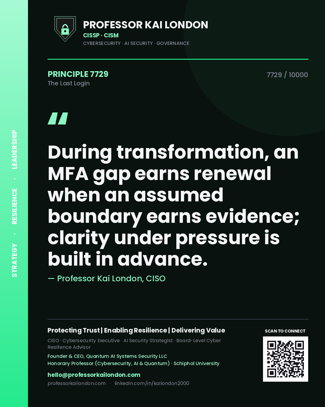Quote card by Professor Kai London reading 'During transformation, an MFA gap earns renewal when an assumed boundary earns evidence; clarity under pressure is built in advance.'. From the book The Last Login.