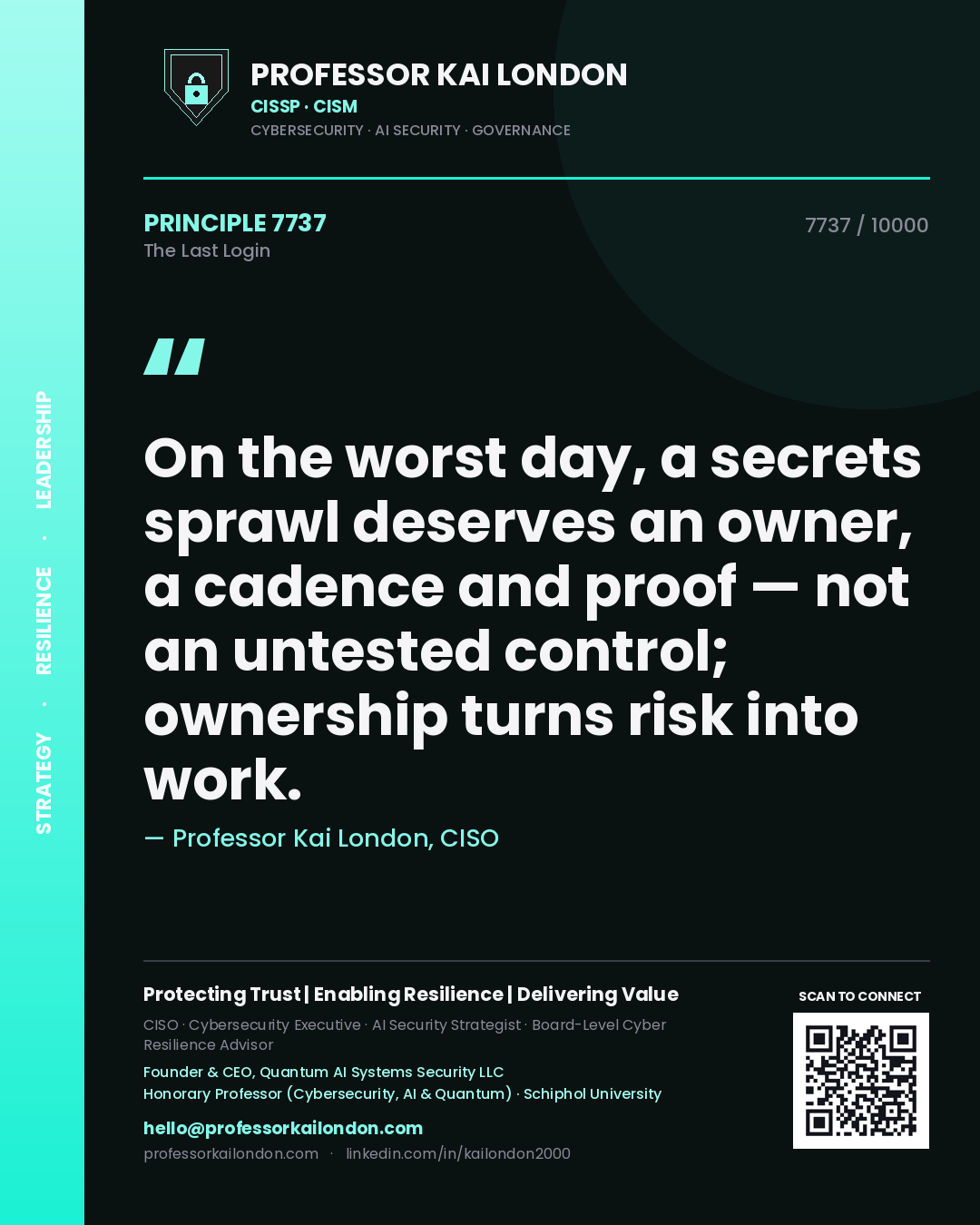 Quote card by Professor Kai London reading 'On the worst day, a secrets sprawl deserves an owner, a cadence and proof — not an untested control; ownership turns risk into work.'. From the book The Last Login.