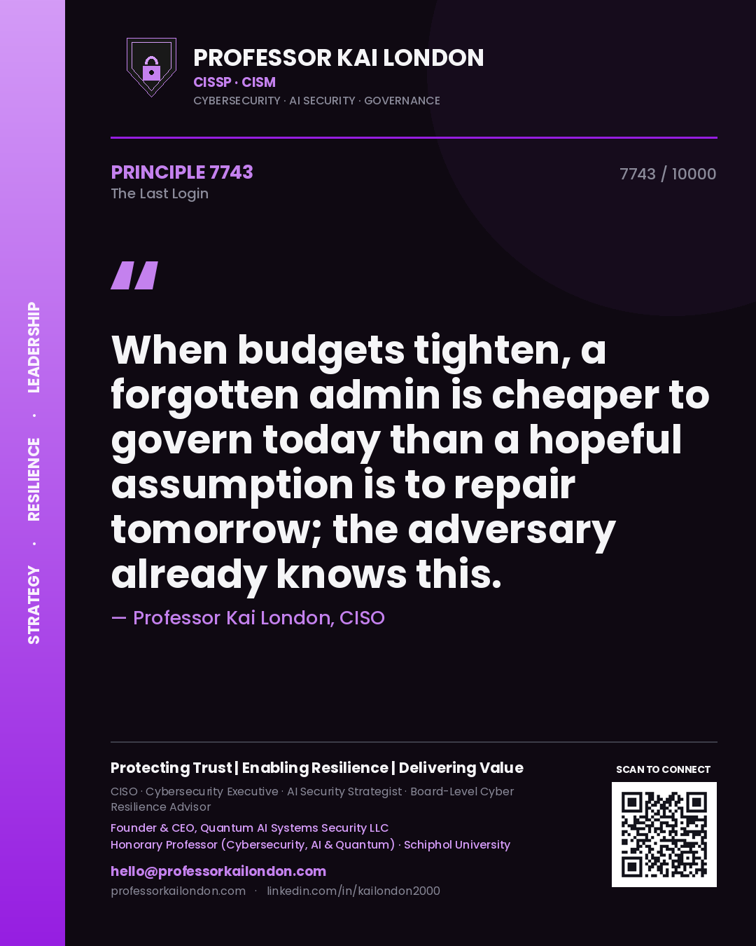 Quote card by Professor Kai London reading 'When budgets tighten, a forgotten admin is cheaper to govern today than a hopeful assumption is to repair tomorrow; the adversary already knows this.'. From the book The Last Login.
