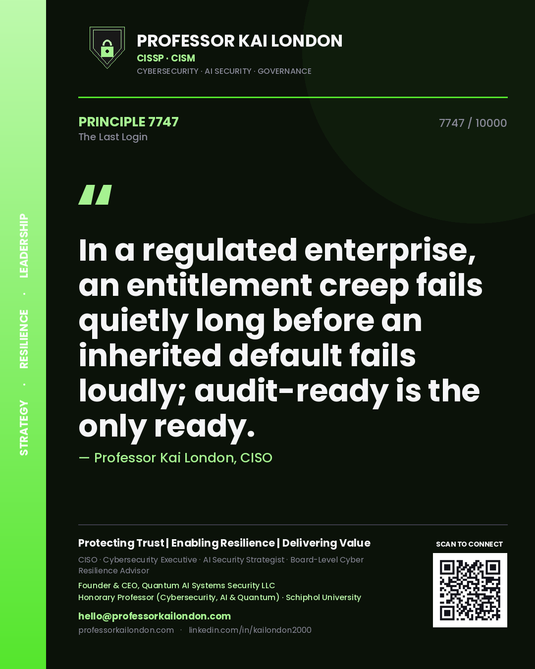 Quote card by Professor Kai London reading 'In a regulated enterprise, an entitlement creep fails quietly long before an inherited default fails loudly; audit-ready is the only ready.'. From the book The Last Login.