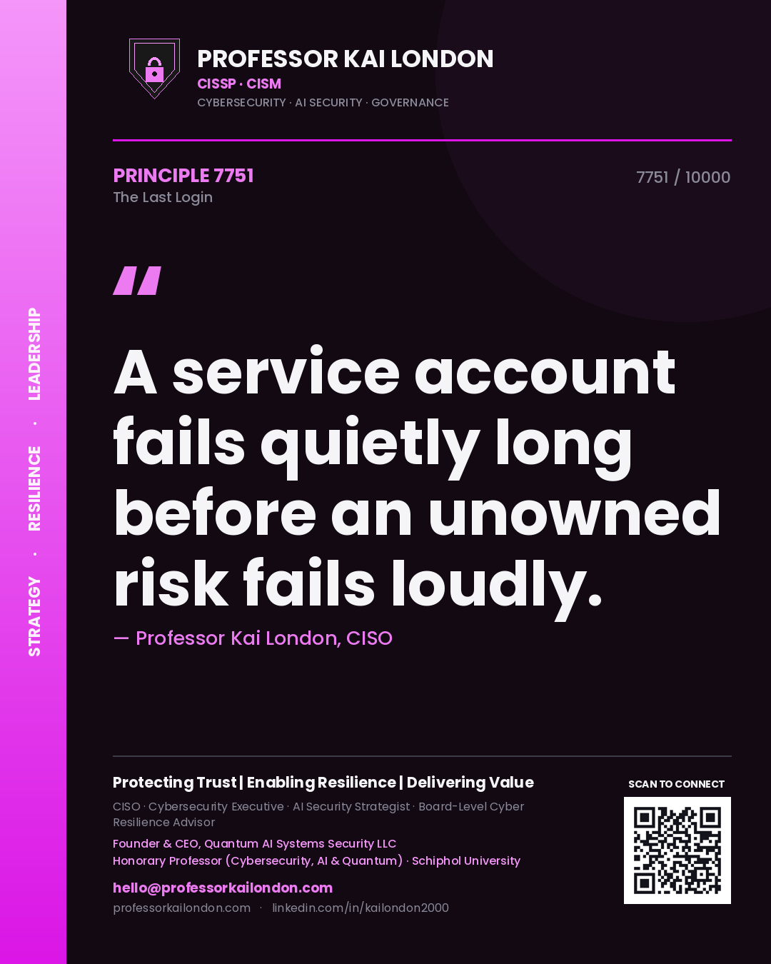 Quote card by Professor Kai London reading 'A service account fails quietly long before an unowned risk fails loudly.'. From the book The Last Login.