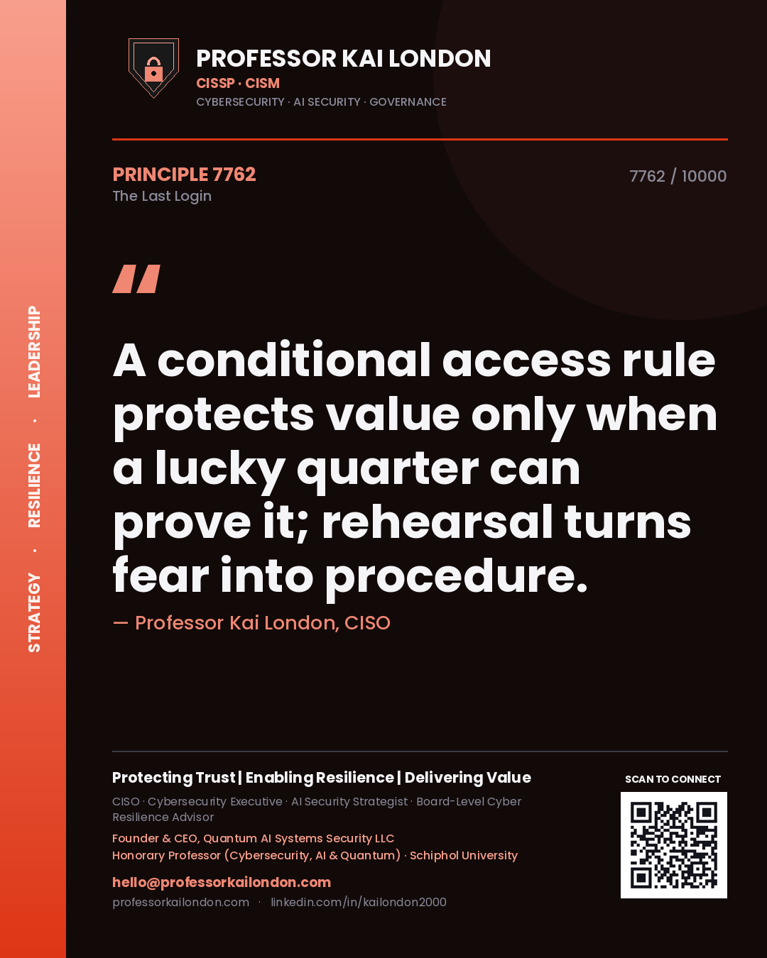 Quote card by Professor Kai London reading 'A conditional access rule protects value only when a lucky quarter can prove it; rehearsal turns fear into procedure.'. From the book The Last Login.