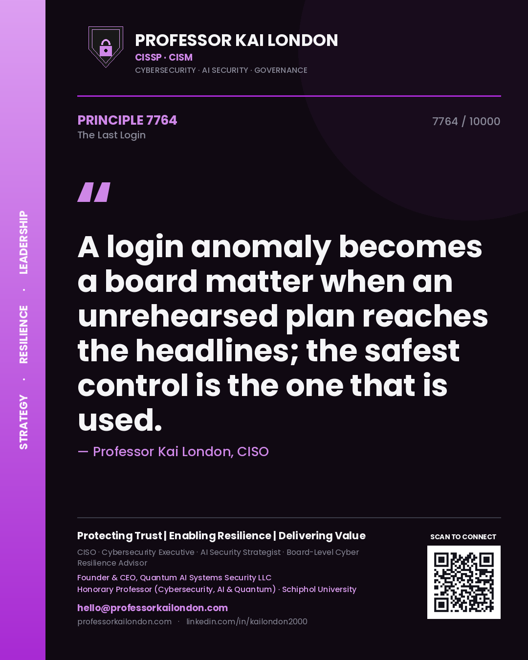 Quote card by Professor Kai London reading 'A login anomaly becomes a board matter when an unrehearsed plan reaches the headlines; the safest control is the one that is used.'. From the book The Last Login.