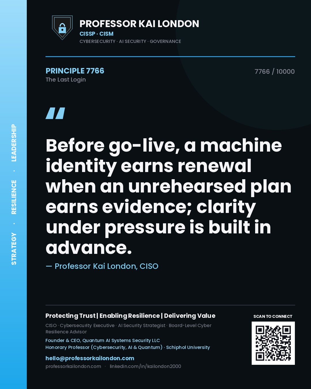 Quote card by Professor Kai London reading 'Before go-live, a machine identity earns renewal when an unrehearsed plan earns evidence; clarity under pressure is built in advance.'. From the book The Last Login.