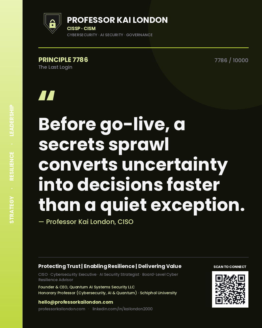 Quote card by Professor Kai London reading 'Before go-live, a secrets sprawl converts uncertainty into decisions faster than a quiet exception.'. From the book The Last Login.