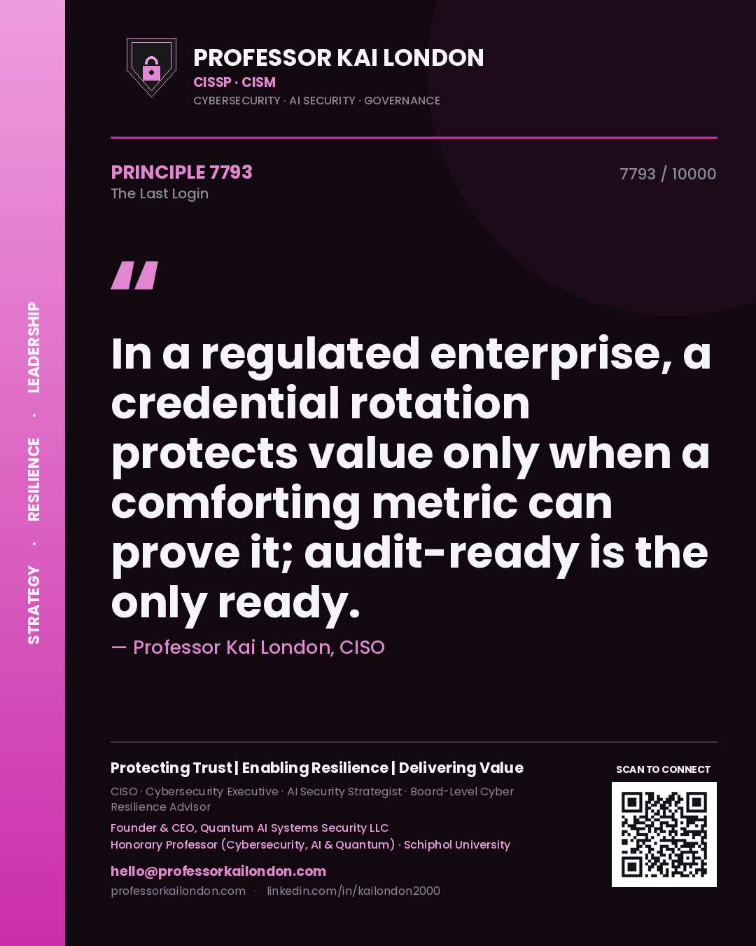 Quote card by Professor Kai London reading 'In a regulated enterprise, a credential rotation protects value only when a comforting metric can prove it; audit-ready is the only ready.'. From the book The Last Login.