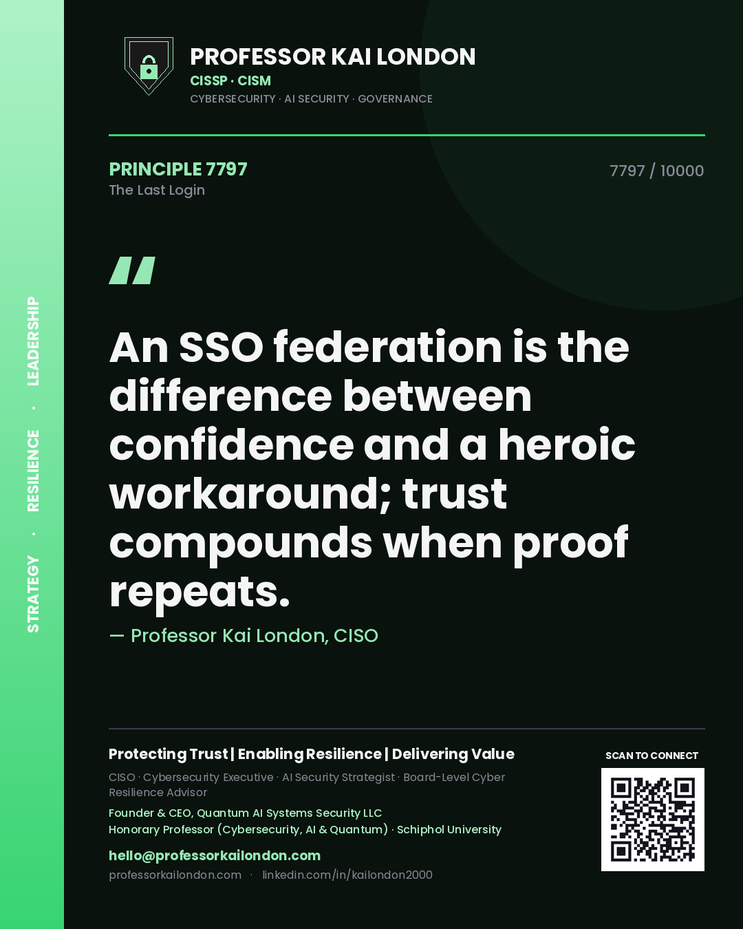 Professor Kai London principle 7797: An SSO federation is the difference between confidence and a heroic workaround; trust compounds when proof repeats.